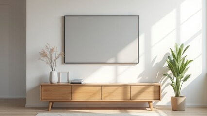Modern interior with blank TV screen on wall above wooden cabinet with decor in natural light, perfect for design mockup and branding template.