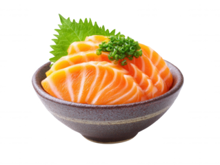 Fresh Salmon Sashimi in Ceramic Bowl Garnished with Shiso Leaf and Chopped Green Onion Isolated on White