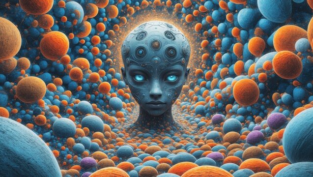 Futuristic Woman Portrait with Spheres. Blue skinned face and many rounded orange and blue forms around. Fantasy concept