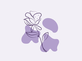 Elegant Line Art Flower Design with Purple Abstract Shapes Minimalist Botanical Illustration