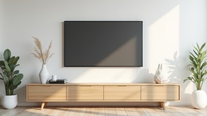 Modern interior with blank TV screen on wall above wooden cabinet with decor in natural light, perfect for design mockup and branding template.