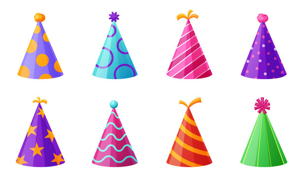 Set of colorful party hats in cartoon style. Bright festive cone caps for birthday, holiday, kids celebration, invitation card, decoration or event design. Isolated vector illustration