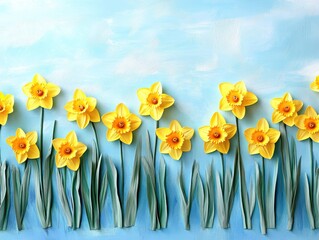 Row of Yellow Daffodils on Blue Background Flat Lay Spring Flowers Overhead Shot Floral Arrangement Fresh Blooms