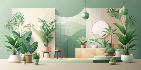 Serene Indoor Oasis Featuring Lush Greenery and Minimalist Design Elements in a Calming Green and Beige Color Palette