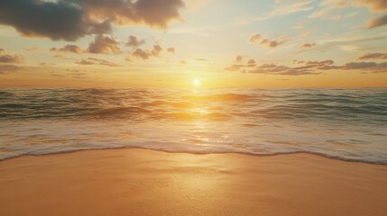 Obraz premium A serene beach scene at sunset with golden sand and a vibrant sky, ideal for summer-themed promotions and travel marketing