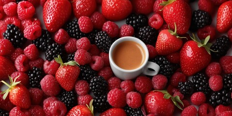 Fototapeta premium Cup of espresso surrounded by fresh berries - strawberries, raspberries, blackberries
