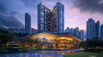 Modern architecture reflecting a tranquil evening cityscape vista