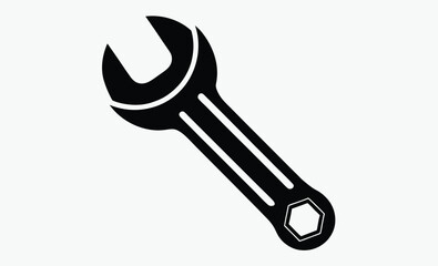 wrench silhouette vector, open end wrench, spanner tool icon, black white wrench, hardware tool graphic, repair tool shape