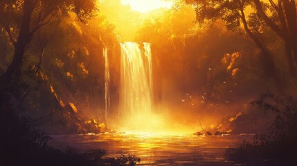 Golden waterfall cascading through a sunlit forest oasis with birds