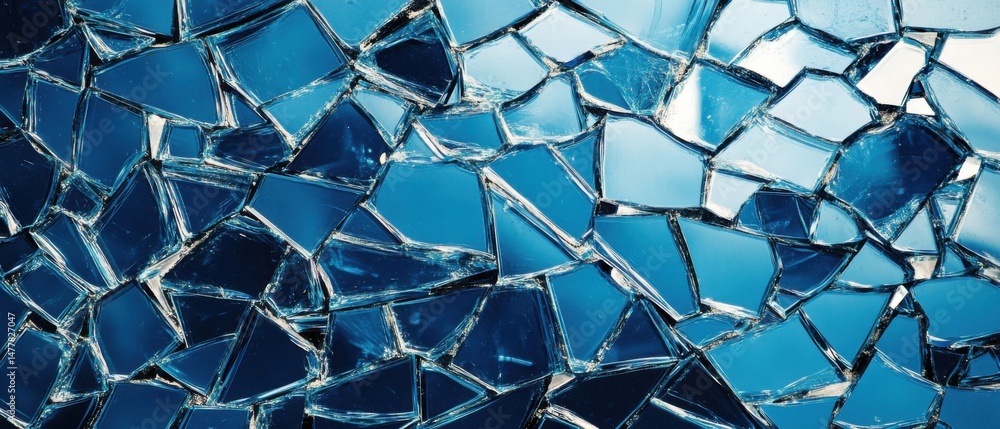 Poster abstract close-up of shattered blue glass pieces creating a mosaic pattern with reflections and shar