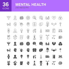 Mental Health Line Art Web Icons. Vector Illustration of Solid Psychology Therapy Objects Set. Flat and Outlline Wellness and Awareness Month Symbols. Linear Wellbeing.