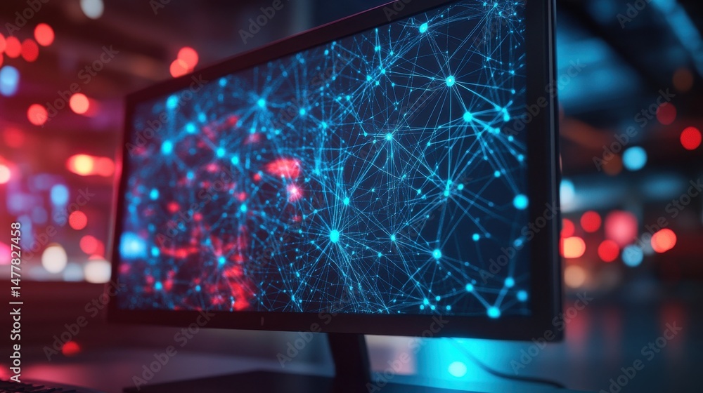 Poster futuristic computer monitor displaying a vibrant digital network concept with star-like connections.