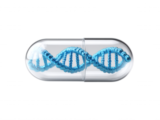 Blue DNA Double Helix Inside Transparent Capsule, Medical Biotechnology Concept, Genetic Medicine, White Background