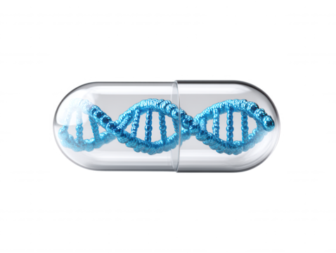 Blue DNA Double Helix Inside Transparent Capsule, Medical Biotechnology Concept, Genetic Medicine, White Background