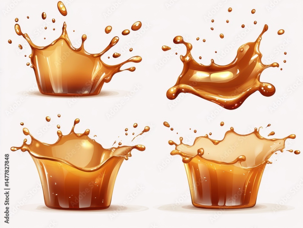 Poster four splashes of golden liquid with droplets on a white background studio shot for product or design