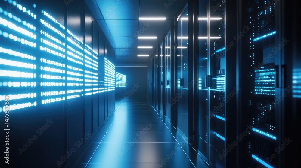 Poster glowing server aisle filled with lit hardware panels represents next-gen cloud environments, perfect