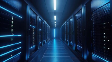 Futuristic corridor filled with glowing server racks under neon lights symbolizes tech scalability, ideal for cloud computing, AI networks, or secure data infrastructure