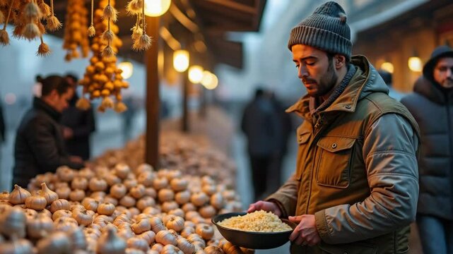 Man selecting garlic at market during garlic festival in evening  