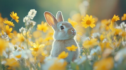 Fototapeta premium Cute bunny in a field of flowers