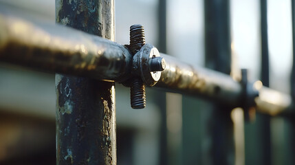 Close-Up of Rusty Metal Fence with Bolt and Nut