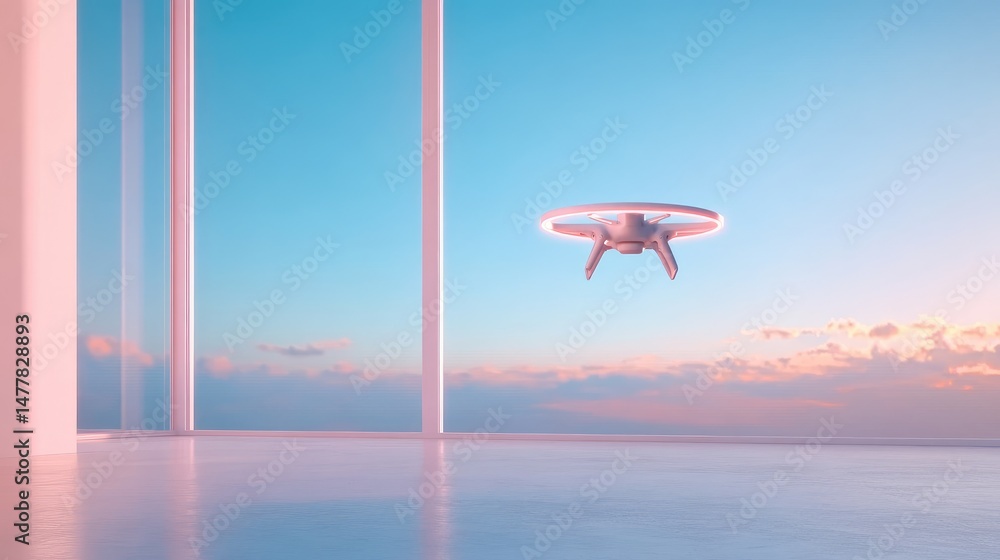 Poster futuristic drone flies in clean studio setting with sky and cloud background