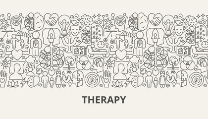 Therapy Web Banner Concept. Vector Thin Outline Mental Health Linear Symbols. Wellness and Awareness Month Design. Psychology Line Objects Background.