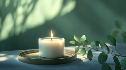 decoration, hygge and cosiness concept - burning white fragrance candle on tray and branches of eucalyptus populus on table at cozy home illustration , no logos, no brands