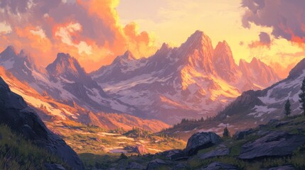 Naklejka premium Sun-kissed mountainsides at twilight, golden hour painting the rugged landscape
