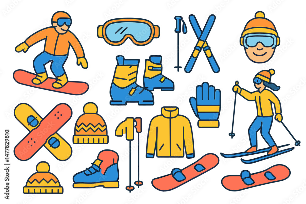 Poster a set of linear icons representing snowboarding and skiing is available, featuring accessories and o