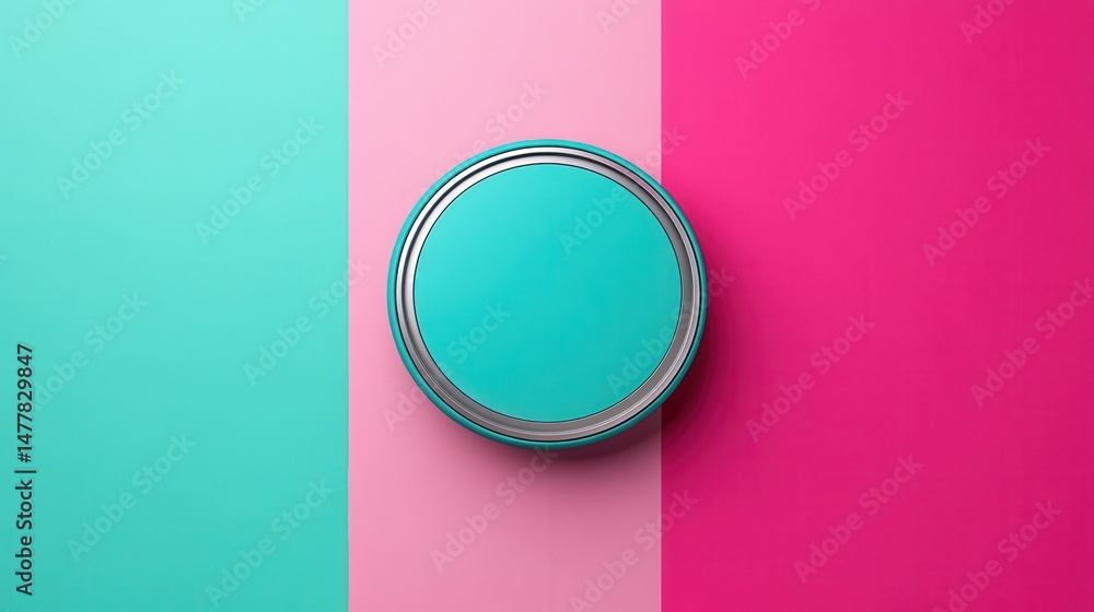 Poster colorful circular design with a button in the center against a split background of teal and pink.