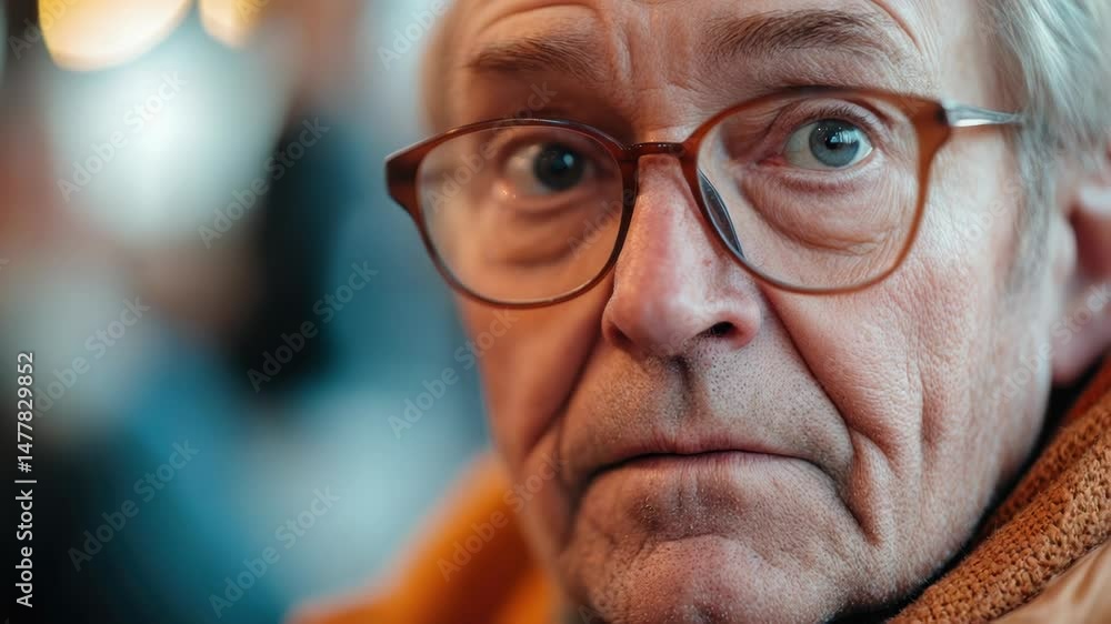 Poster a close-up shot of a person wearing glasses, ideal for use in portraits or as a focus point in an im