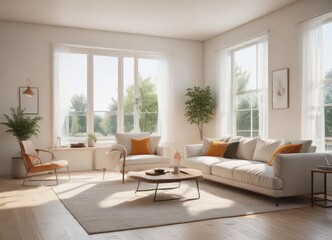 Bright, airy living room with minimalist furniture and decor , cushions, minimalist design, furniture