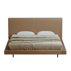 A tan bed with a white comforter and pillows