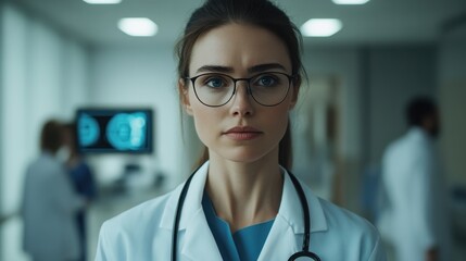 Portrait of a professional female doctor or medical researcher examining predictive analytics and data visualizations on the display of a virtual health assistant in a hospital or clinical setting