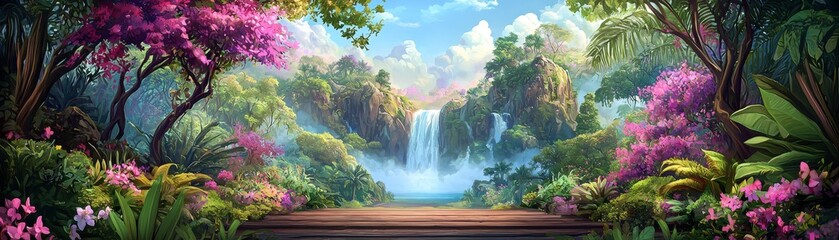 Naklejka premium Tranquil nature scene vibrant wildflowers and waterfalls lush countryside serene environment gigapixel view