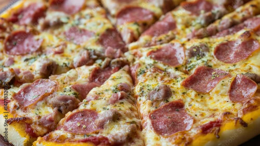 Poster a close-up shot of a freshly baked pizza on a table, ready to be devoured