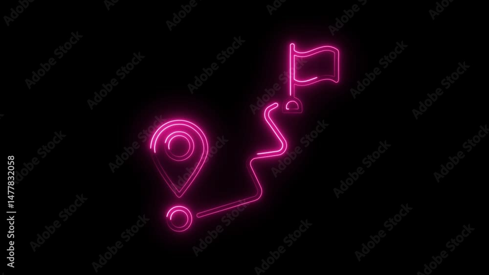 Poster neon animated pink route or navigation path from location pin to destination flag on black backgroun