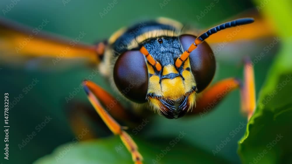 Poster A close-up view of a wasp sitting on a leaf, highlighting its small size and intricate details