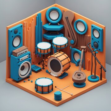 Music instruments studio isometric style. Drums set, speakers and other instruments. Room with drumkit and equipment, orange and blue colors