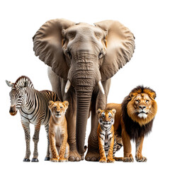 A majestic array of wildlife stands together, a striking composite image of an elephant, lion, zebra, and tiger. Their collective presence tells a story of wilderness, diversity, and beauty.