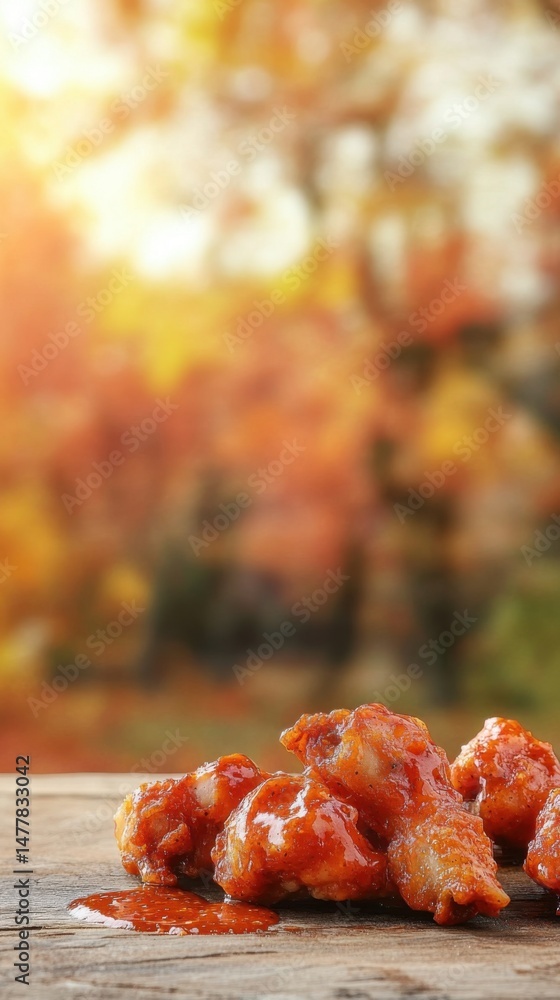 Poster close-up of spicy chicken wings on rustic wooden table in autumn setting with bokeh background for f