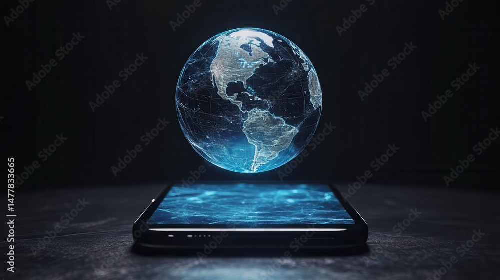 Poster a smartphone with an interactive holographic globe floating above it, representing global connectivi
