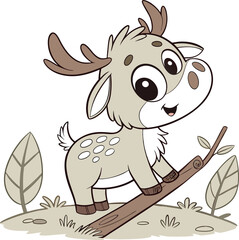 Playful Cartoon Deer in Woodland Landscape – Charming Illustration of Adorable Character in Lighthearted Style Ideal for Children's Art