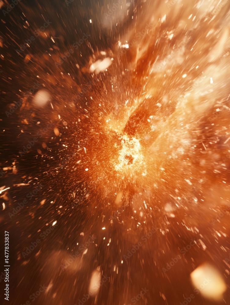 Poster abstract explosion of light and particles in dynamic motion; a burst of energy and power from a cent