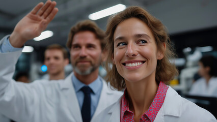 A group of researchers proudly acknowledges their scientific achievements in a modern laboratory, teamwork and professional success.