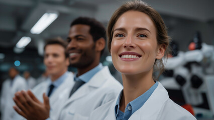 A team of scientists celebrate their collaborative success in a cutting-edge research facility.