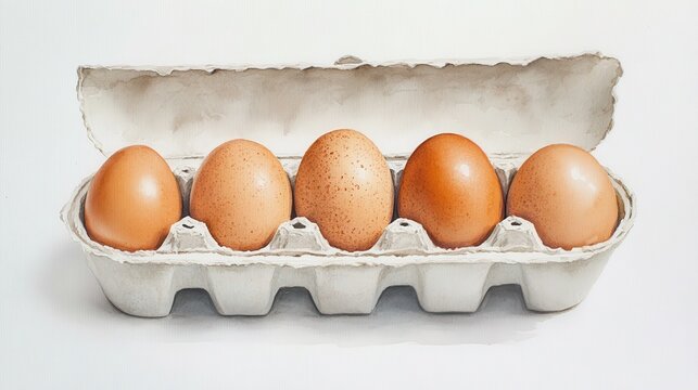 A watercolor painting depicts six brown eggs nestled inside an open cardboard egg carton against a white background.