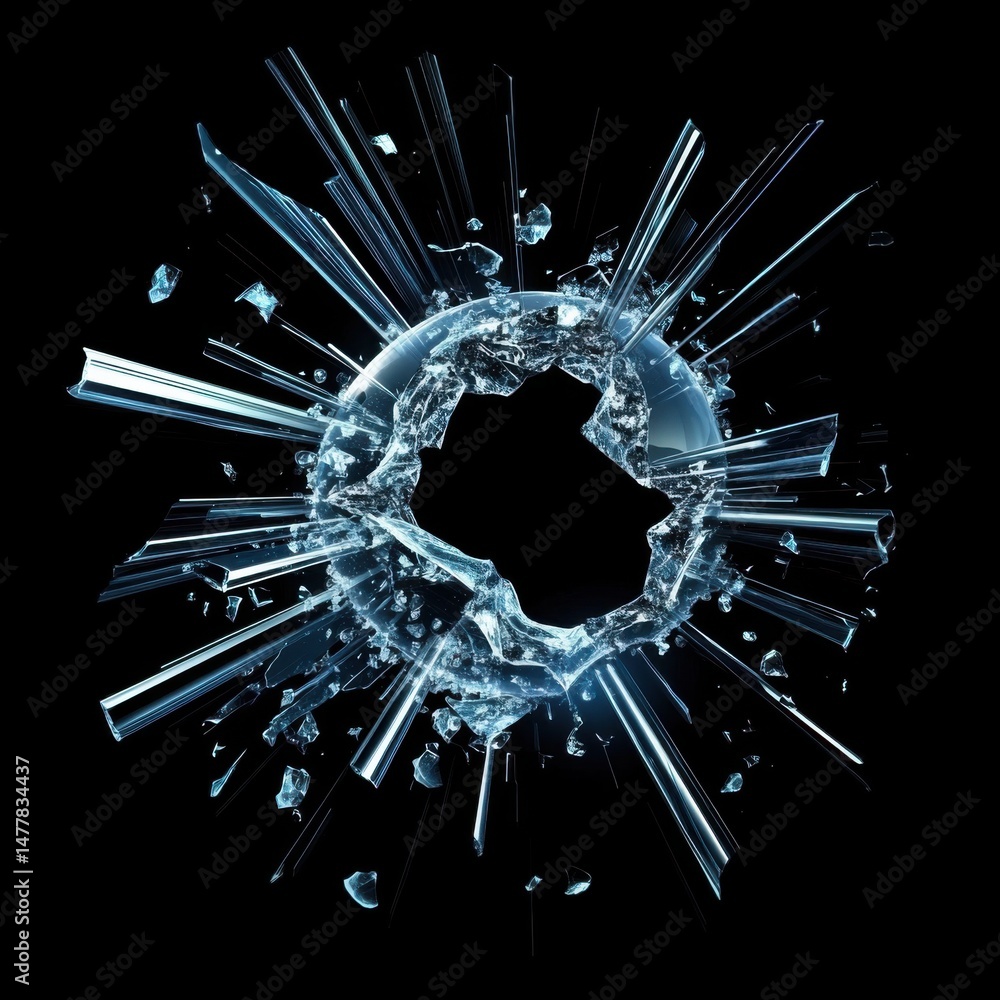 Poster shattered glass exploding on black background close up abstract concept destruction fracture damage 