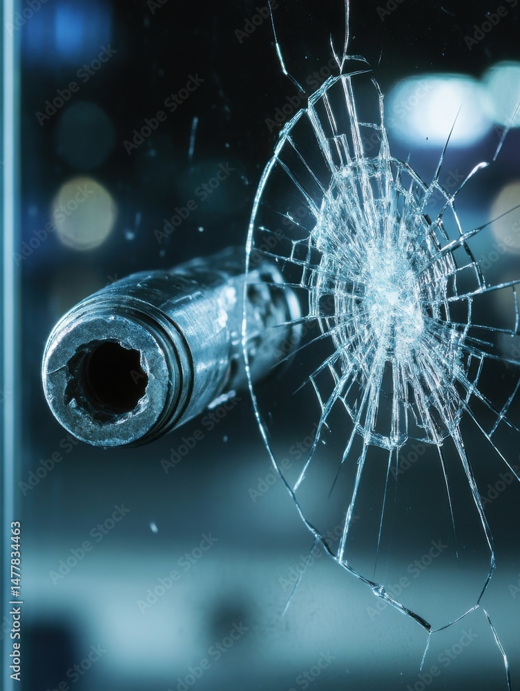 Poster bullet shatters glass close up macro shot of impact point with radial cracks and bokeh background in