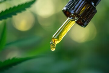 dropper dispensing CBD oil into a bottle, set against a minimal, natural background with ample copy space, hemp based cosmetics